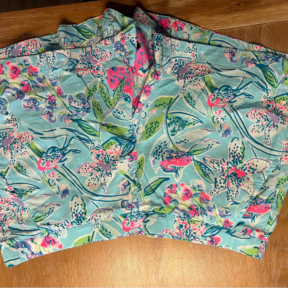 Lilly Pulitzer Aqua Floral Bermuda Shorts with Pink & Green Accents